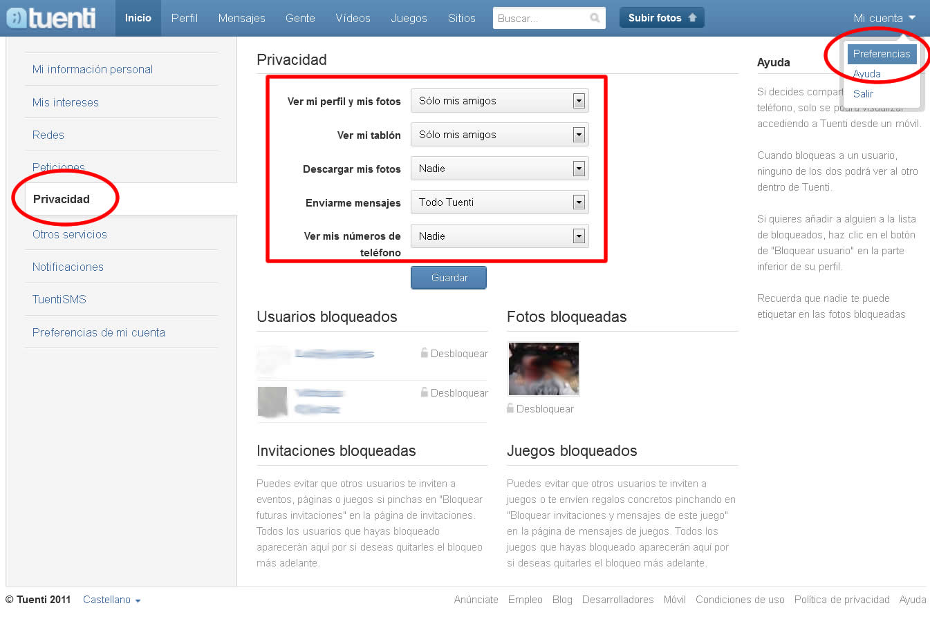 Configurando privacidad Tuenti