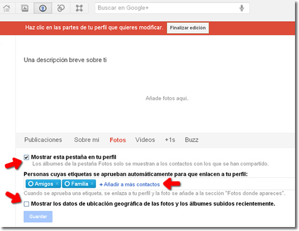 Configurar privacidad fotos Google+