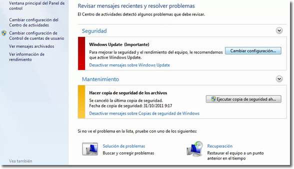 Centro de actividades de Windows 7