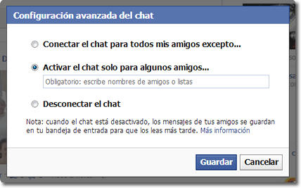 configuración avanzada en el chat de Facebook