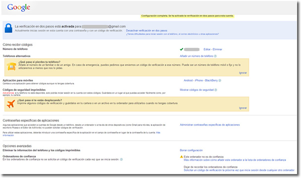 Google account y la verificación en dos pasos