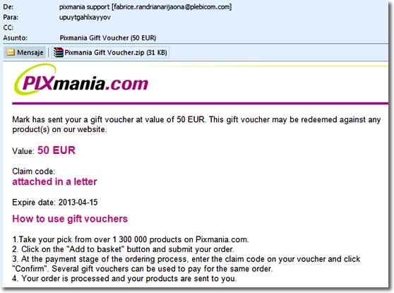 Email falso de Pixmania.com con virus peligroso