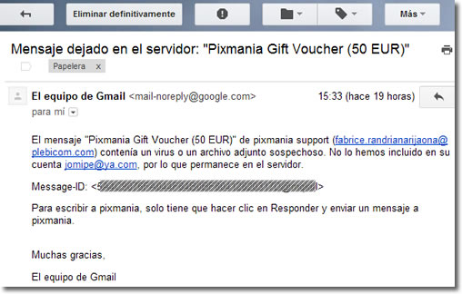 Email falso de Pixmania.com con virus peligroso