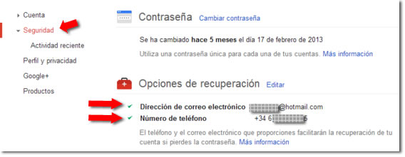 Opciones de recuperación de Google