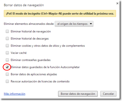 limpiar el historial de formularios en Chrome, Firefox y Explorer