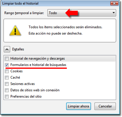 limpiar el historial de formularios en Chrome, Firefox y Explorer