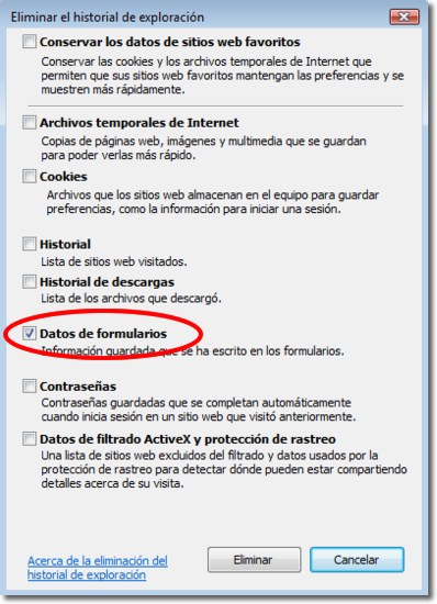 limpiar el historial de formularios en Chrome, Firefox y Explorer