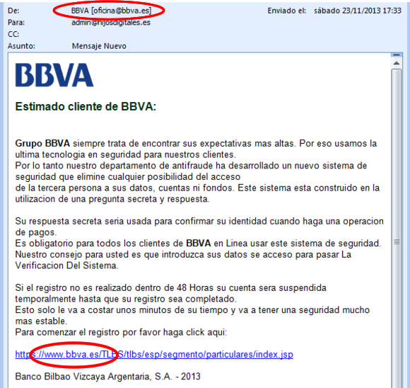 Phishing para el BBVA con la escusa de la seguridad