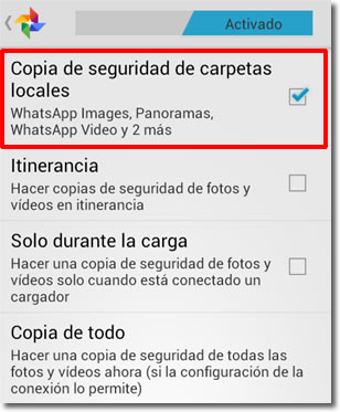 Subida automática de las carpetas de fotos y vídeos en Android