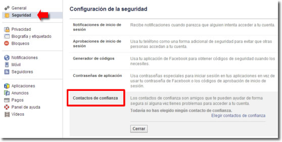 Configura los contactos de confianza de Facebook