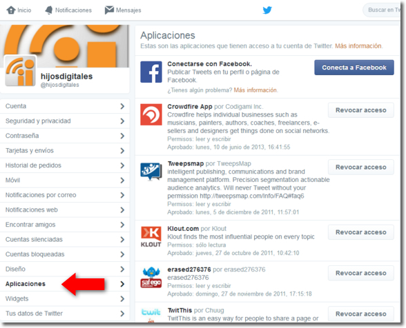 Revisa los permisos concedidos a las aplicaciones en tus perfiles sociales