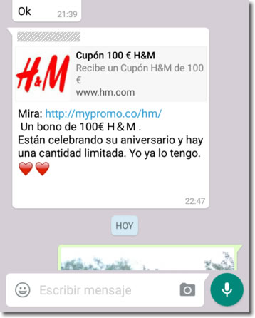 Cuidado con lo cupones por Whatsapp, como este de H&M de 100 euros