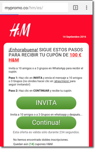 Cuidado con lo cupones por Whatsapp, como este de H&M de 100 euros