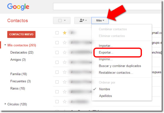 Gmail exportar contactos