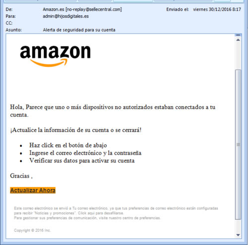 Campaña masiva de correos electrónicos para robar las cuentas de Amazon