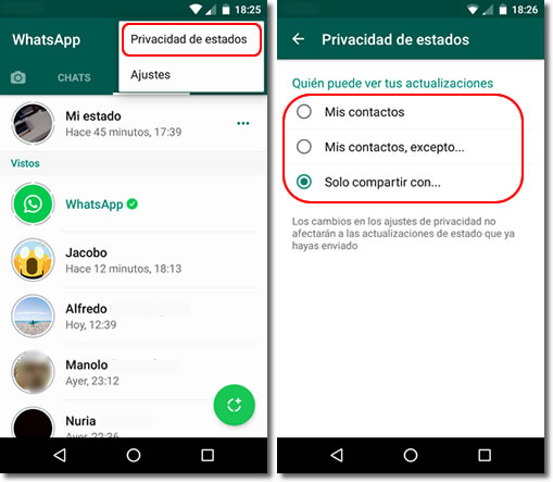 Revisa la privacidad de los nuevos estados de Whatsapp