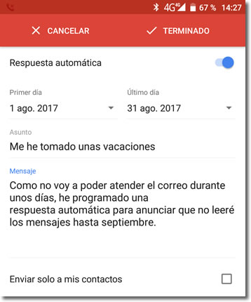 Haz que Gmail responda por ti un mensaje preestablecido