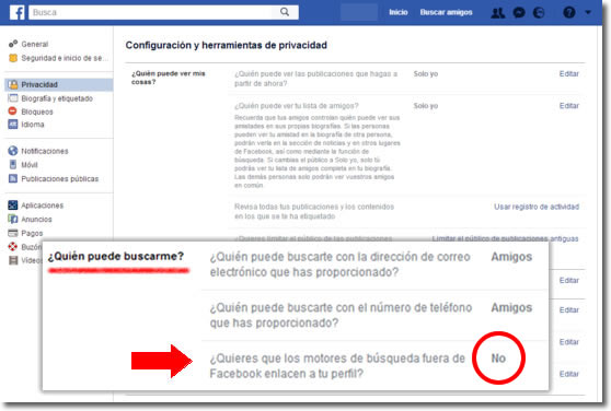 No quiero que aparezca mi nombre de Facebook en los buscadores