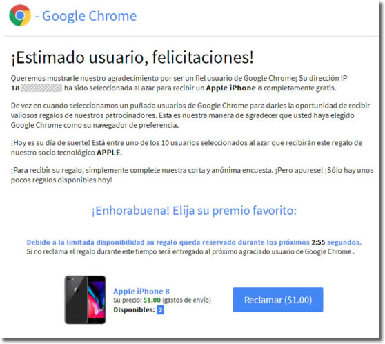 Google Chrome no regala un iPhone, es una estafa