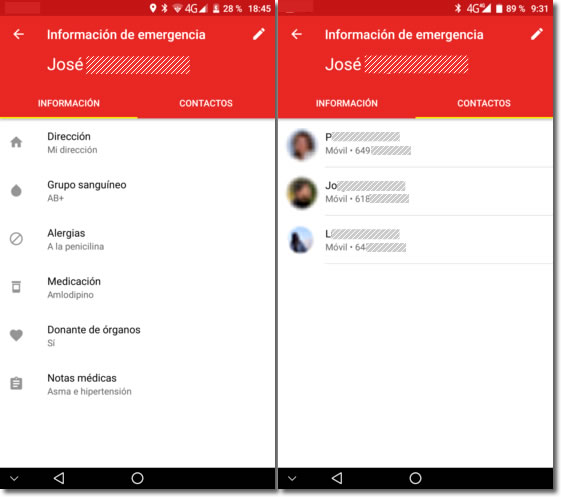 Información de emergencia en la pantalla de bloqueo de Android o iPhone