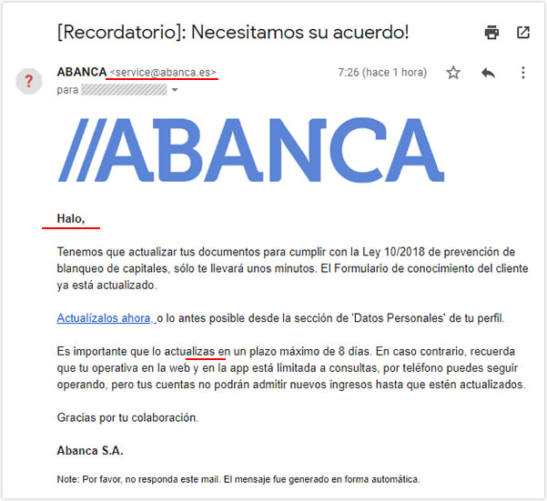 Correo tipo phishing suplantando a Abanca con intento de engaño