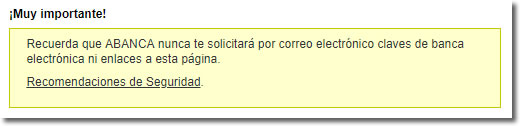 Correo tipo phishing suplantando a Abanca con intento de engaño