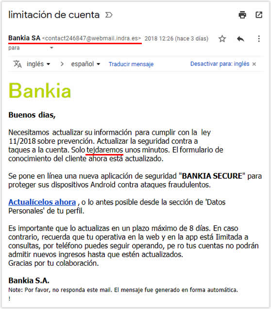 Campaña tipo phishing suplantando la identidad de Bankia