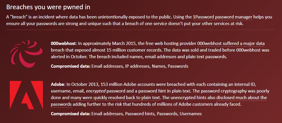 resultados de brechas al buscar tu correo electrónico en Have I Been Pwned