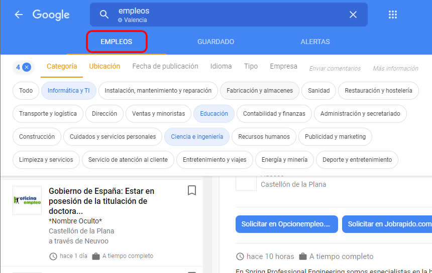 Filtros en Google empleo