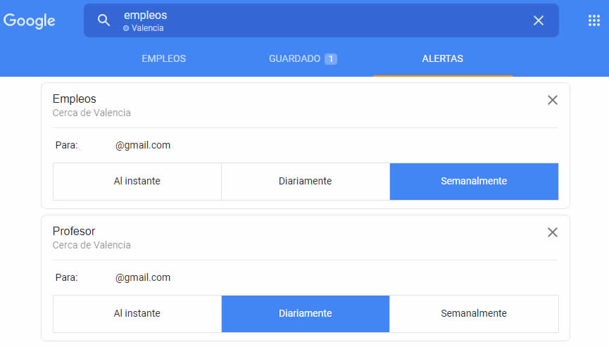 Configuración de alertas en Google empleo