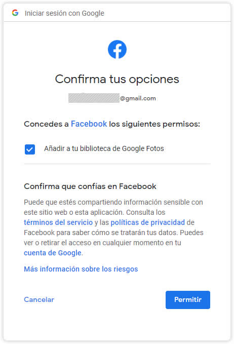 Permisos Facebook y Google Fotos