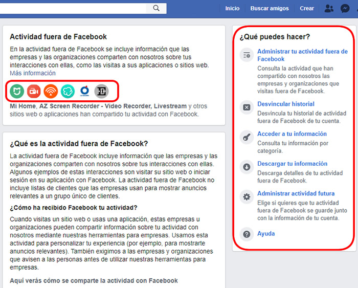 Actividad fuera de Facebook