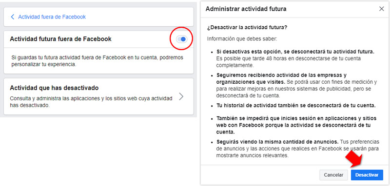 Desactivar actividad futura de Facebook