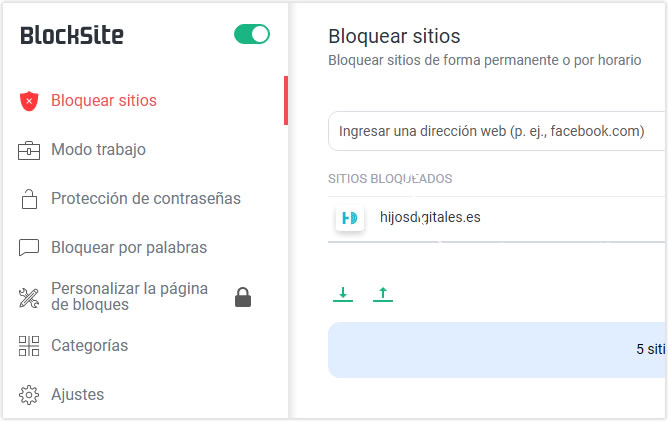 Opciones BlockSite